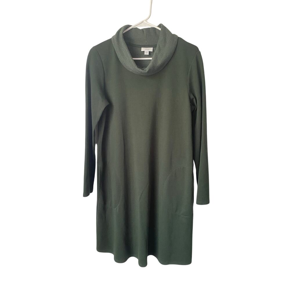 Pure Jill S Cowl Neck Sweater Dress Green Pullover Pockets Lagenlook Minimalist